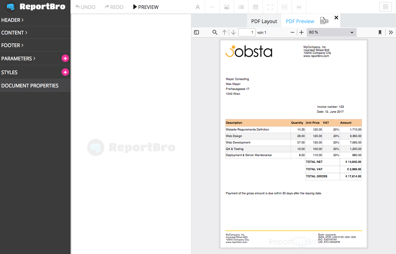 Screenshot showing PDF report template preview with test data in ReportBro Designer