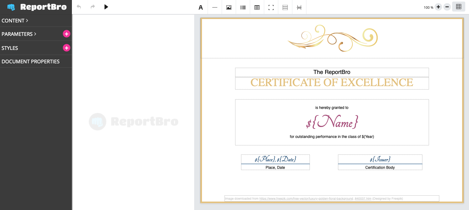 Screenshot ReportBro Certificate Demo