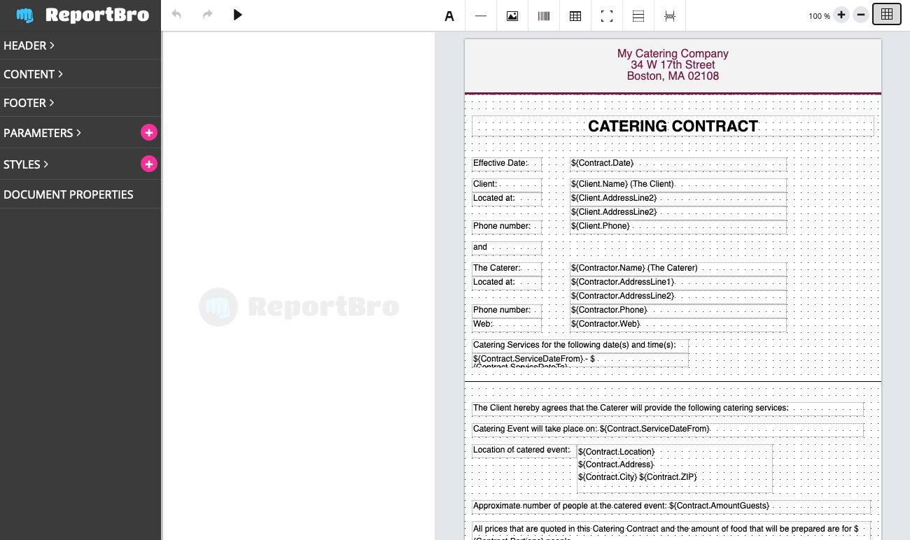 Screenshot ReportBro Contract Demo