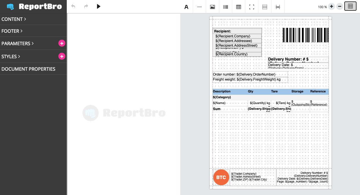 Screenshot ReportBro Delivery Slip Demo