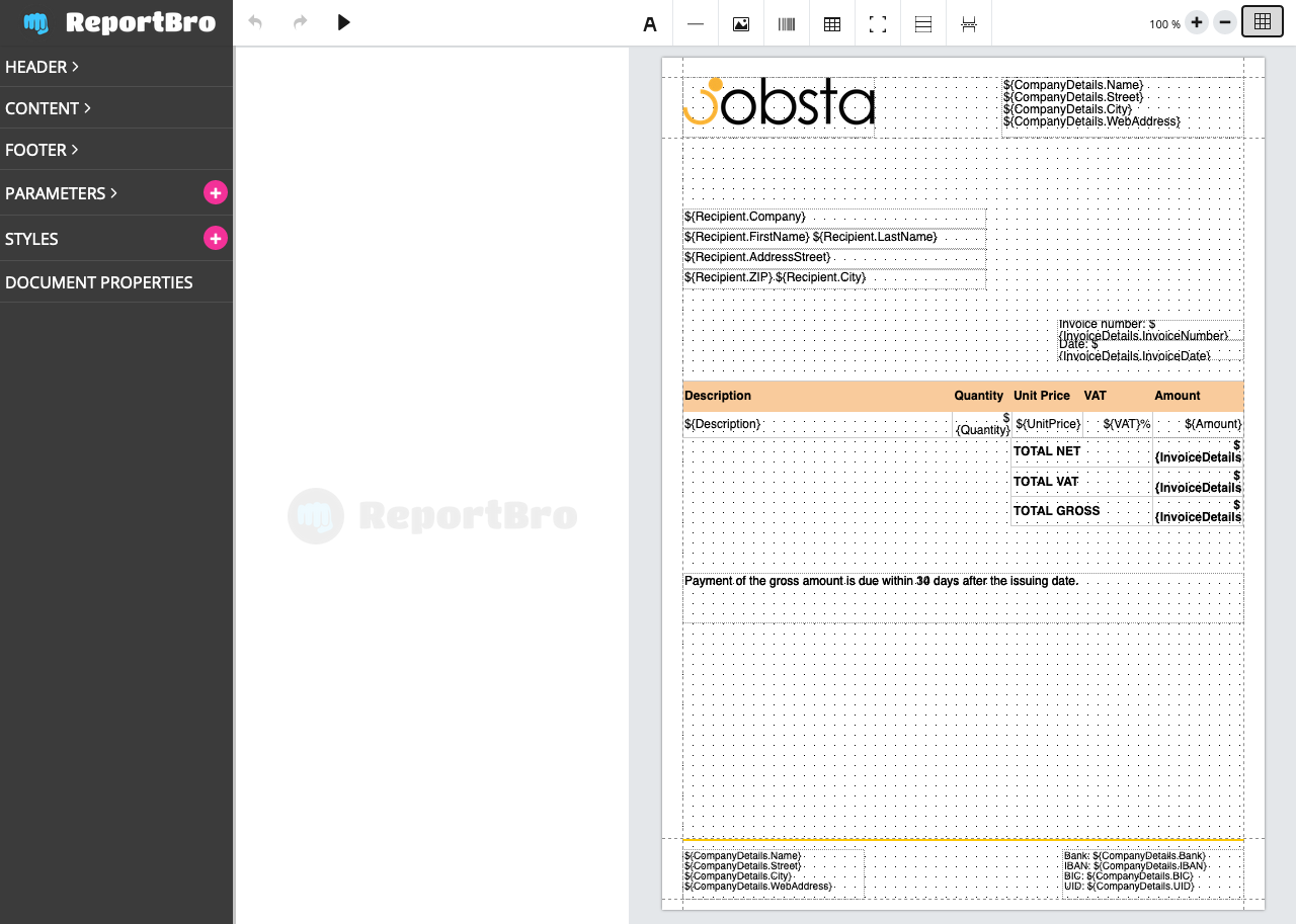 Screenshot ReportBro Invoice Demo