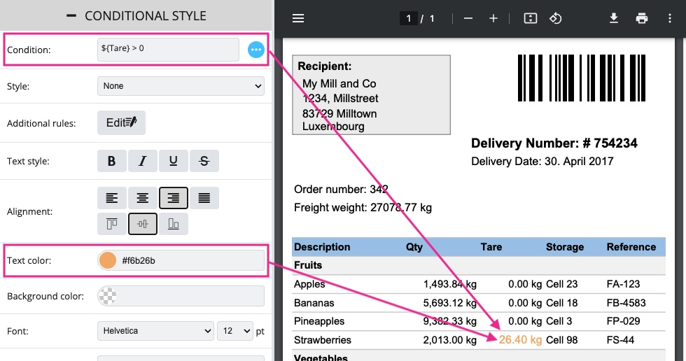 ReportBro Screenshot showing usage and impact of a conditional style