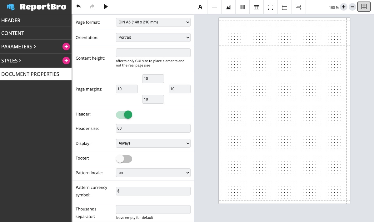 ReportBro Screenshot showing document properties settings