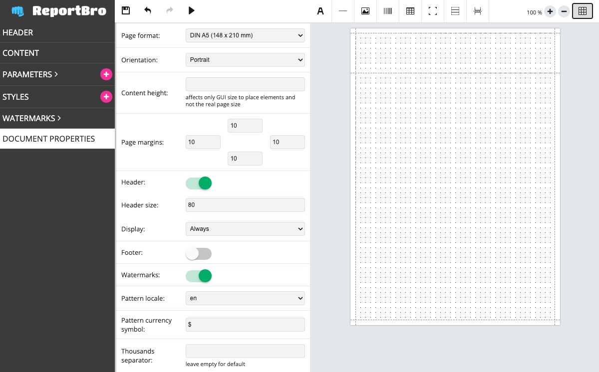 ReportBro Screenshot showing document properties settings