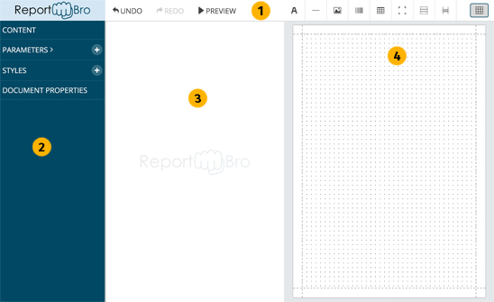 ReportBro Screenshot highlighting the layout components