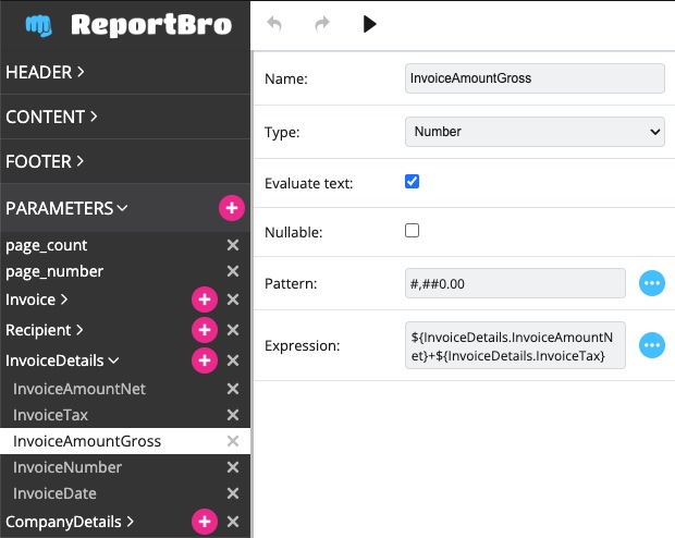 ReportBro Screenshot showing usage of parameters